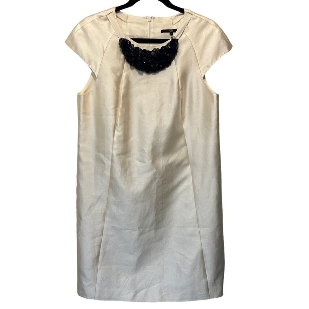 Tibi White Dress Cap Sleeve Blue Gem Filled Necklace Cotton / Silk Blend Size 10